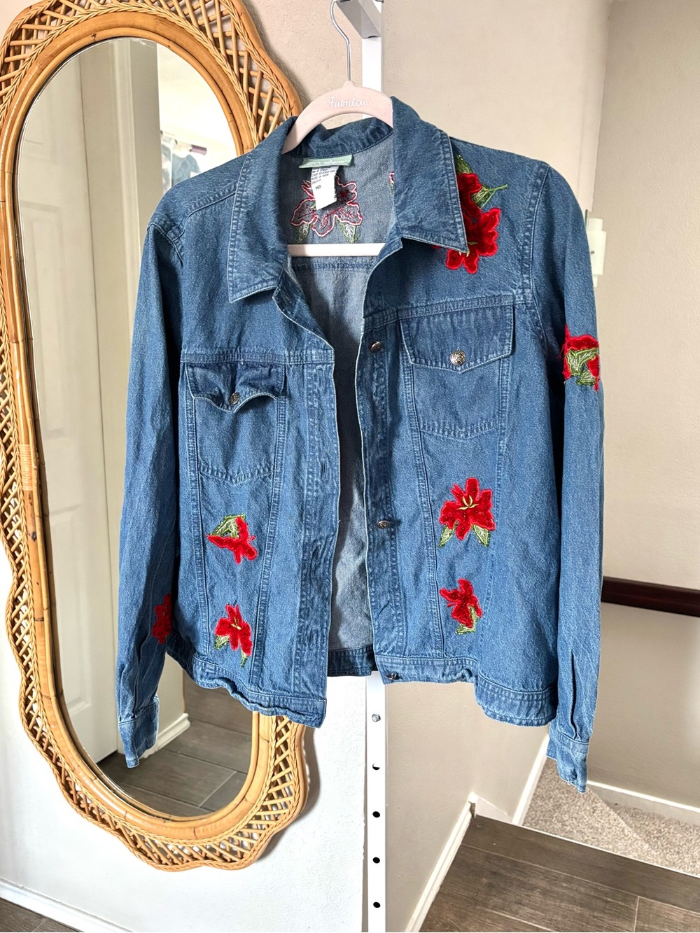 220 Hickory / Beaded Red Floral Blue Denim Jacket